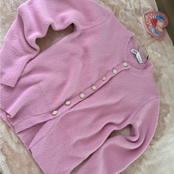 Zara Pink Knit Cardigan Jewel Pearl Buttons Size M - Picture 9 of 9